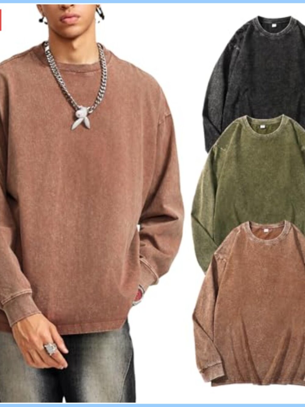 Mens Oversized Long Sleeve Tee Cotton Acid Wash Crew Neck Baggy Streetwear